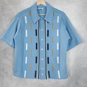 Vntg Kings Road Shirt Mens Large Blue Geometric Knit Retro Rockabilly Mod